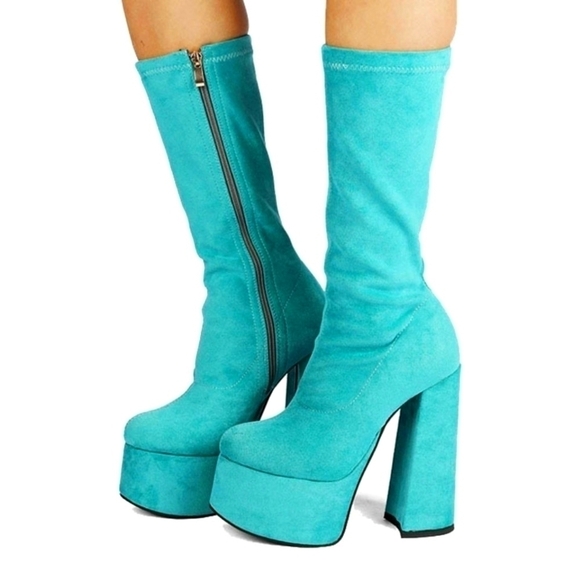 BLUE SUEDE PLATFORM BOOTS - Picture 1 of 13